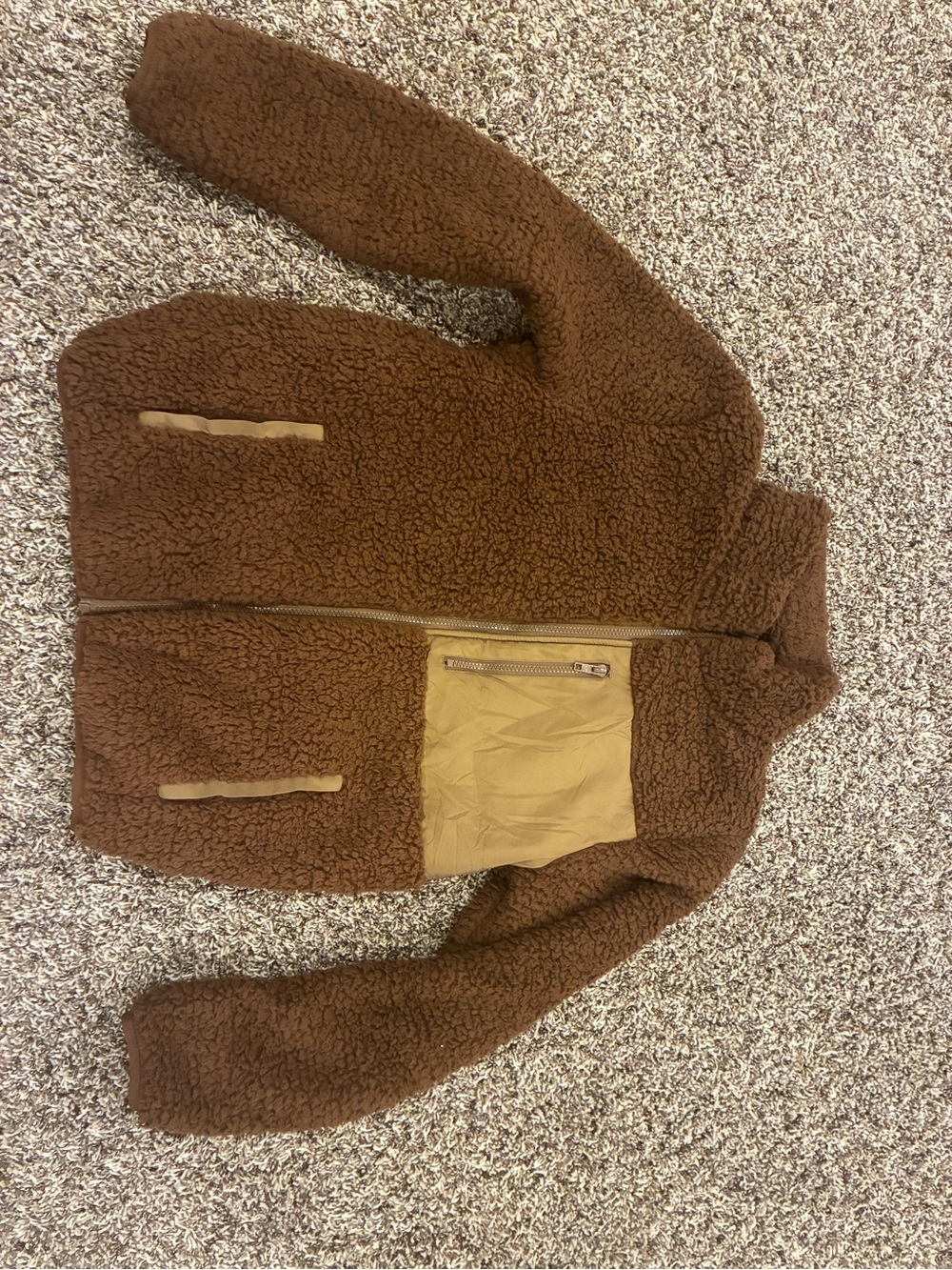 Women's Brown Sherpa Jacket with Tan Pocket